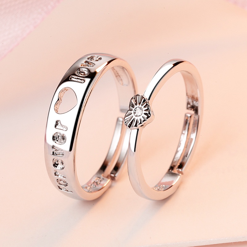 2pcs / Set Cincin Model Terbuka Bahan Sterling Silver 925 Desain Hati Hias Berlian Gaya Korea Untuk Hadiah