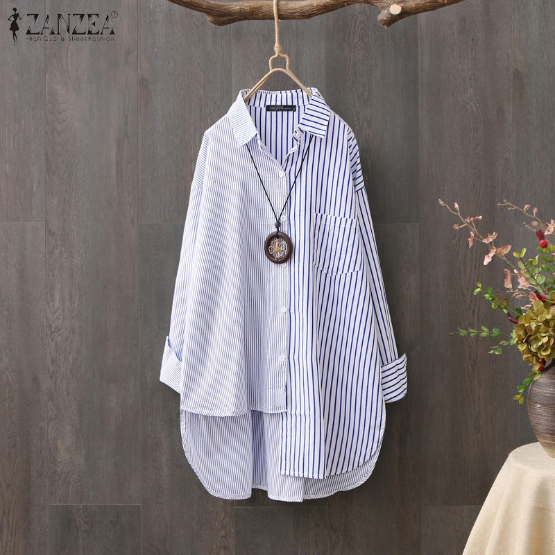 ZANZEA Women Buttons Down Patchwork Asymmetrical Stripe Lapel Blouse