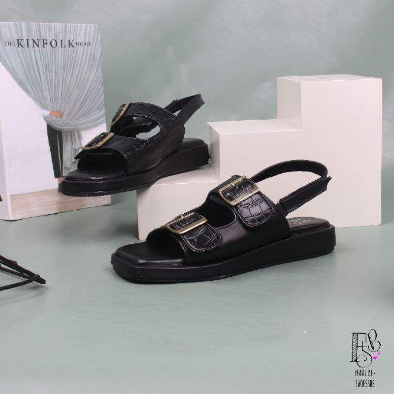 Fsb - Gania Croco Black Sendal Tali Wanita Platform