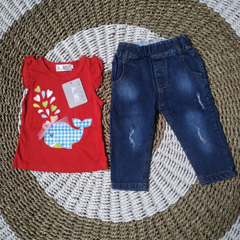 ANN MEE SETELAN PENDEK PANJANG BRANDED ANAK BALITA 2-4  TAHUN KAOS LEKTON MERAH LENGAN PENDEK BAWAHA