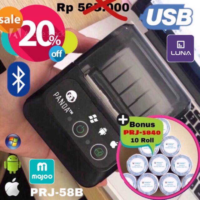 MINI PORTABLE/MOBILE RECIEPT POS PRINTER PANDA PRJ-58B 58MM KERTAS KASIR/PPOB THERMAL(USB+BLUETOOTH)