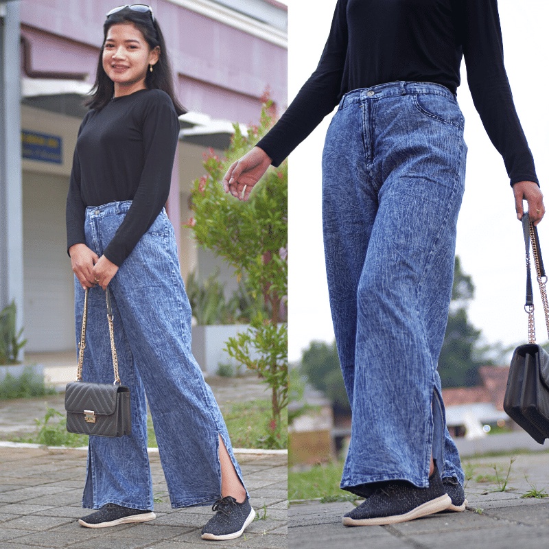 Celana Kulot Jeans Wanita Highwaist Loose Allsize Terlaris-BIRU kancing belah