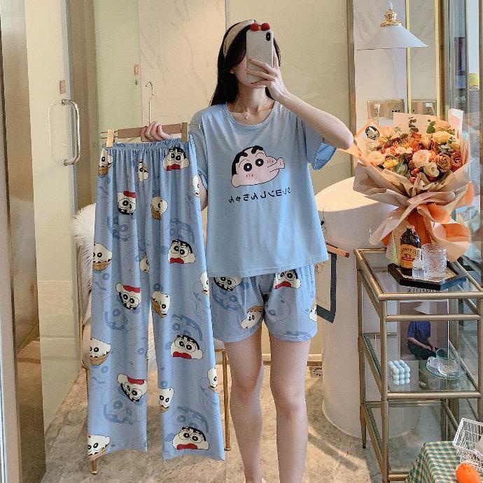 piyama 3in1 set baju tidur wanita dewasa import korea - ElmoOrange