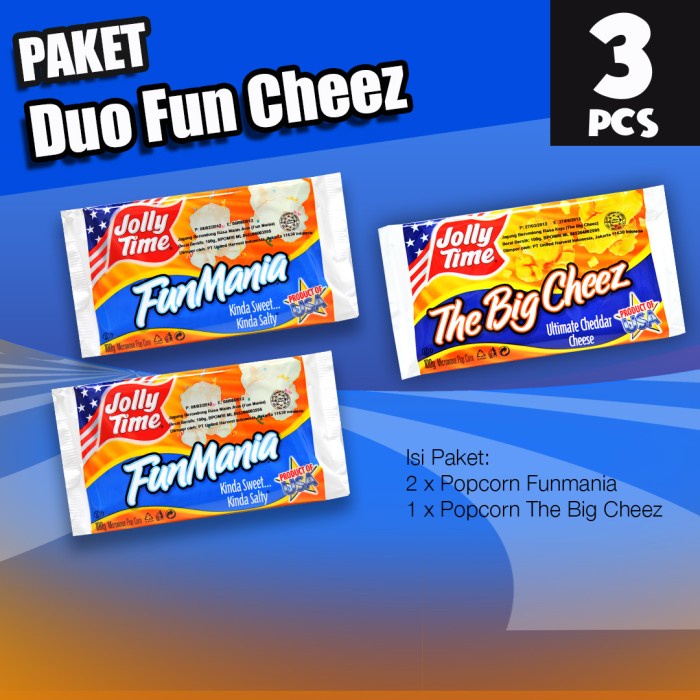 

Instant-Camilan- Paket Duo Fun Cheez (2Fm, 1Tbc) - Jolly Time Mircowave Popcorn -Camilan-Instant.