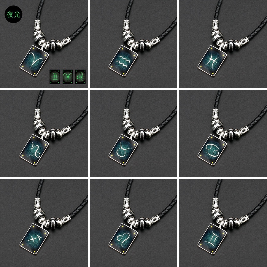 Perhiasan Kalung Bentuk Kotak Desain 12 Rasi Bintang luminous Untuk Pria Dan Wanita