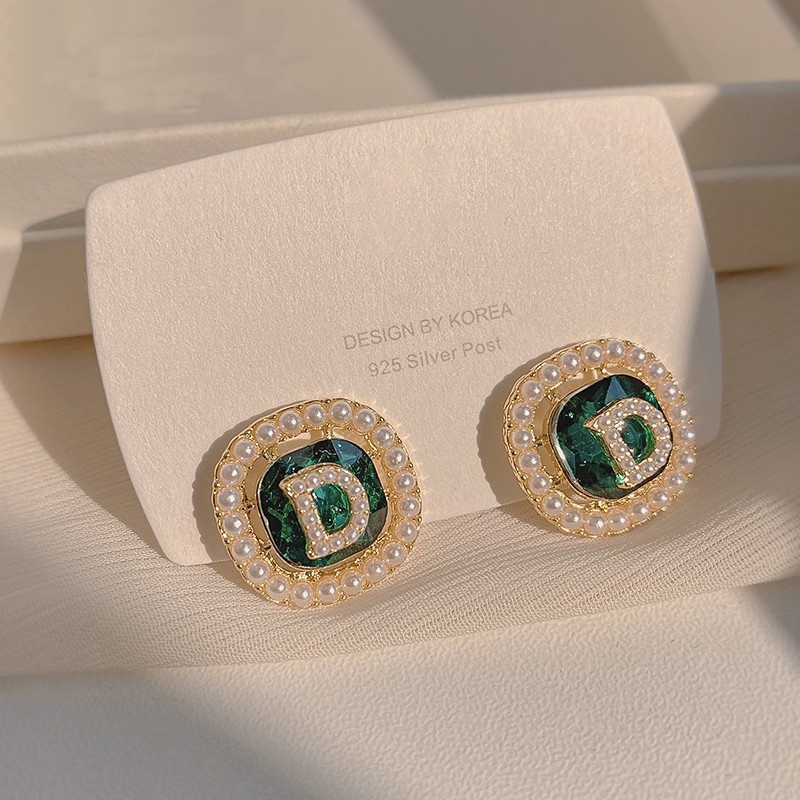 Anting Tusuk Sterling Silver 925 Desain Huruf D Hias Kristal + Mutiara Hijau Untuk Wanita 2022