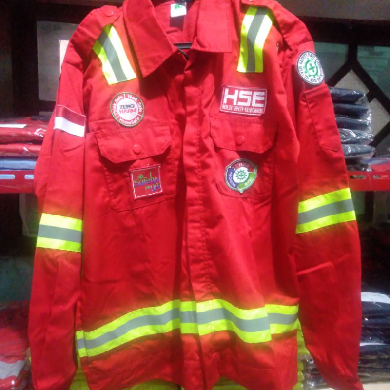 SERAGAM BAJU SAFETY MERAH HSE TEAM KAIN DRILL BORDIL LENGKAP TERPASANG