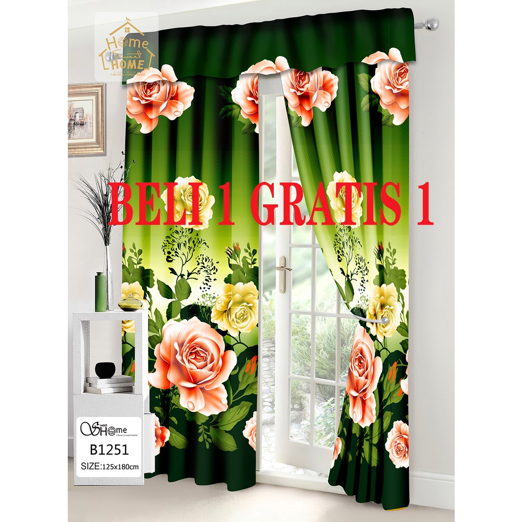 BELI 1 GRATIS 1 Hordeng Jendela Panjang Korden Pintu Murah Gorden Serut Motif Bunga 125*180CM Gorden