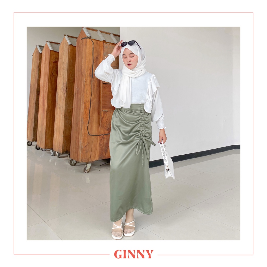 Sri Skirt | Women's Modern Plain Drawstring Kebaya Skirt | Bawahan Rok Kebaya Kain Satin Serut Polos Wanita | GINNY-Sage