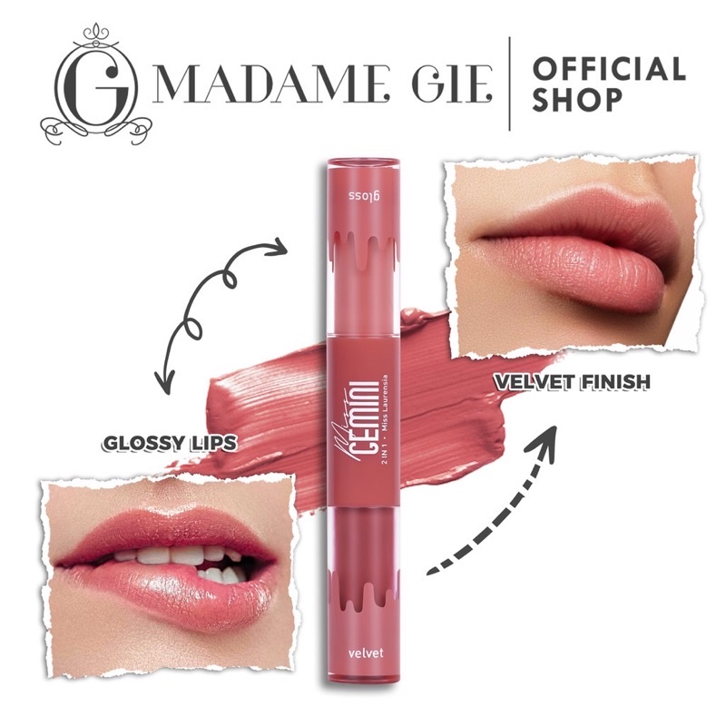 MADAME GIE Miss Gemini 2 IN 1 Gloss N Velvet Indonesia / Lipstick Primer BB Foundation Loose Powder Lipstick Eyeshadow Blush On Eyeliner Eyebrow Mascara Lip Matte Balm Kutek / Facial Wash Toner Essence Serum Sunscreen Cream Mask Masker Body / Lipill Paket