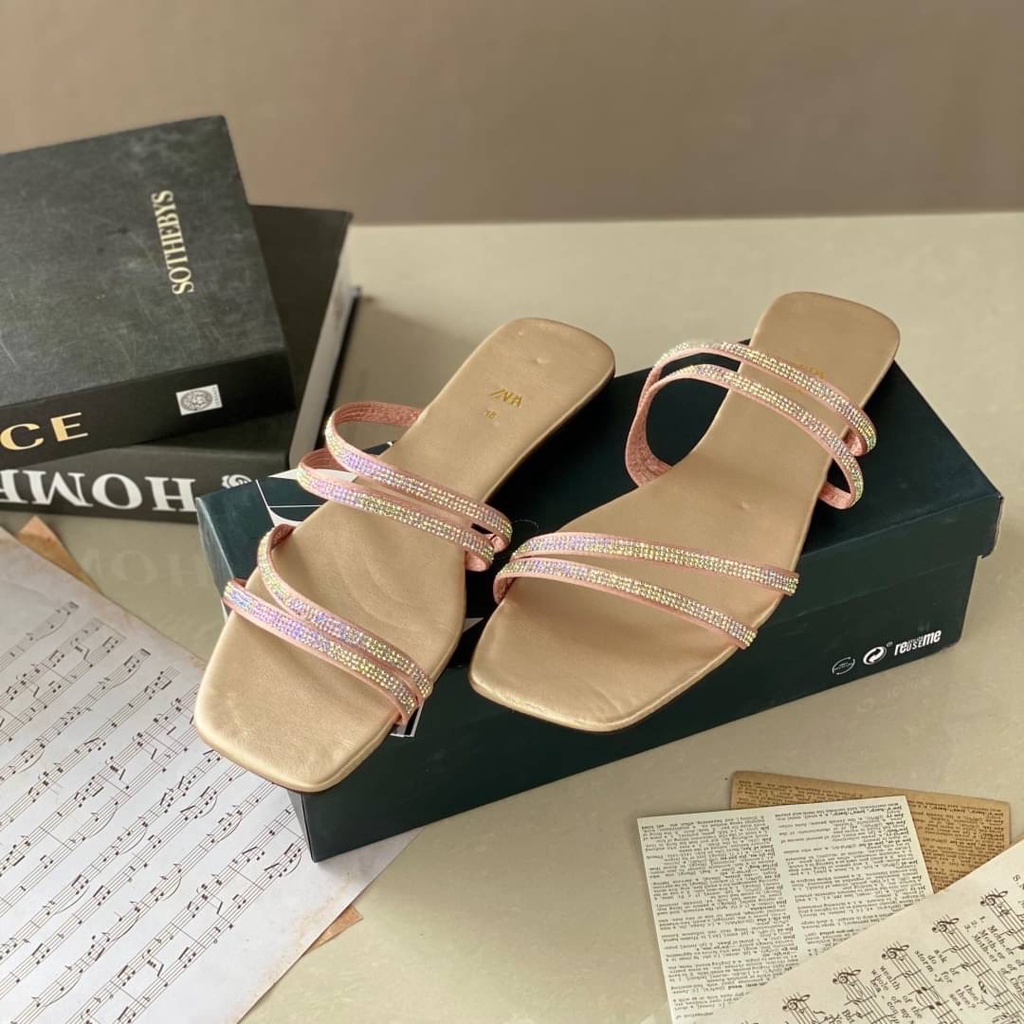 Sandal Flat Tali Wanita Import ZS564 Zara Strappy Glitter Flat Sandal