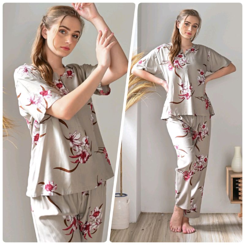 ONE SET PIYAMA RAYON STELAN CELANA PANJANG LENGAN PENDEK SLETING AKTIF-CPJ SLTG MAWAR GREY