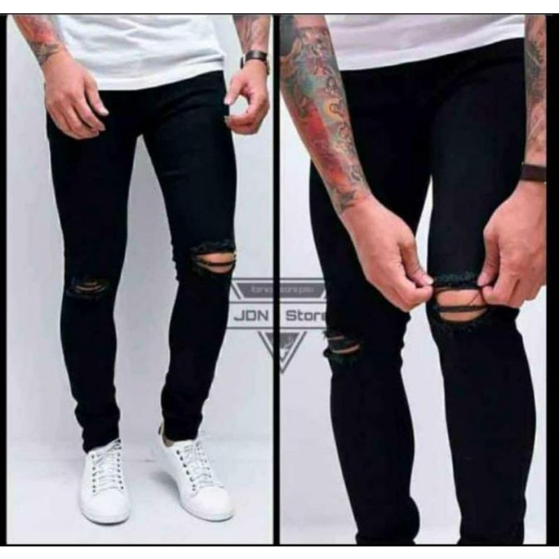 Celana jeans sobek lutut pria ripped jeans softjeans hitam murah melar