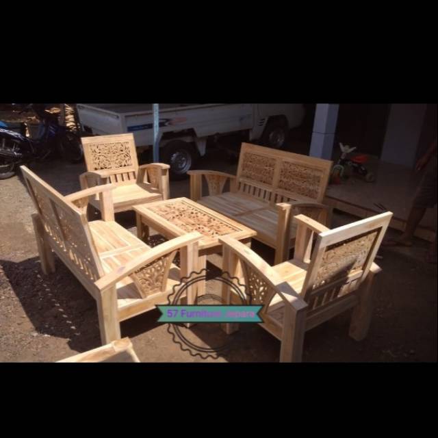 Meja kursi tamu 2211 + meja ukir Jepara kayu jati mentah