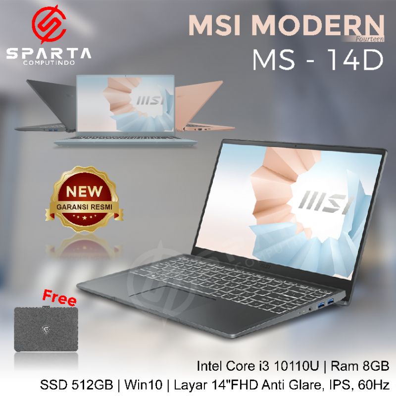 New Laptop MSI Modern 14 Ms 14D Core i3 Gen10 Ram 8GB SSD 512GB 14in IPS New Garansi