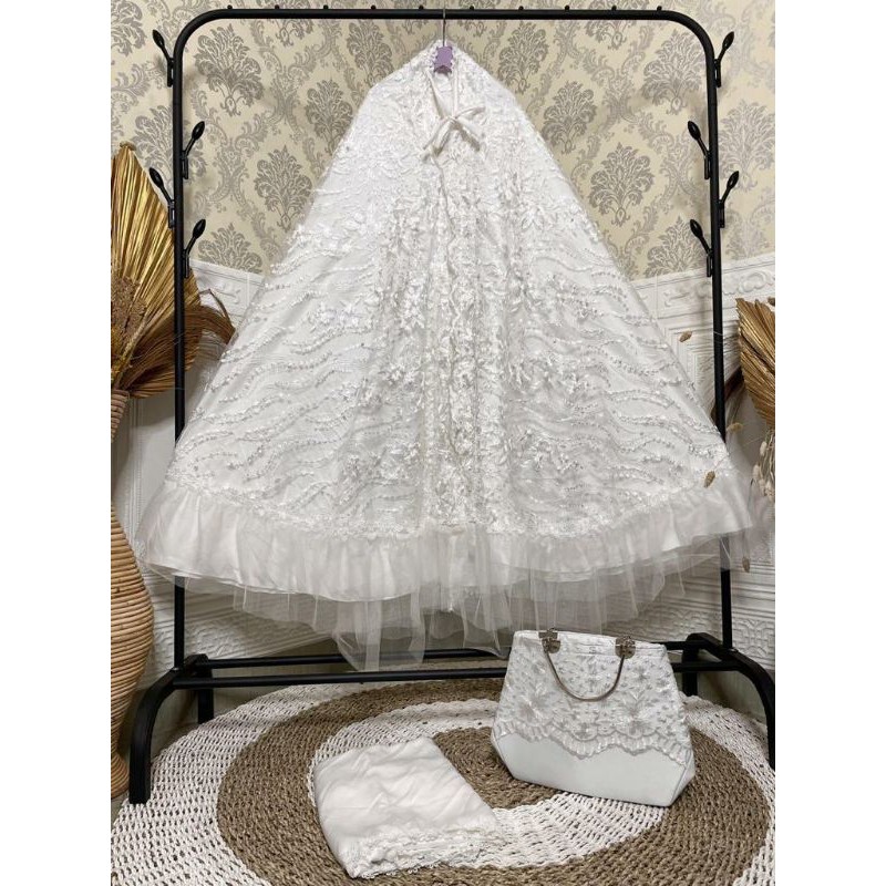 MUKENA PUTIH SUTRA VELVET BRUKAT IMPORT DEWASA