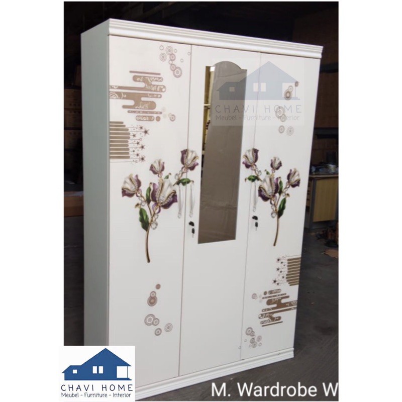 lemari pakaian lemari baju lemari besi 3 pintu putih motif kualitas import kuat kokoh termurah