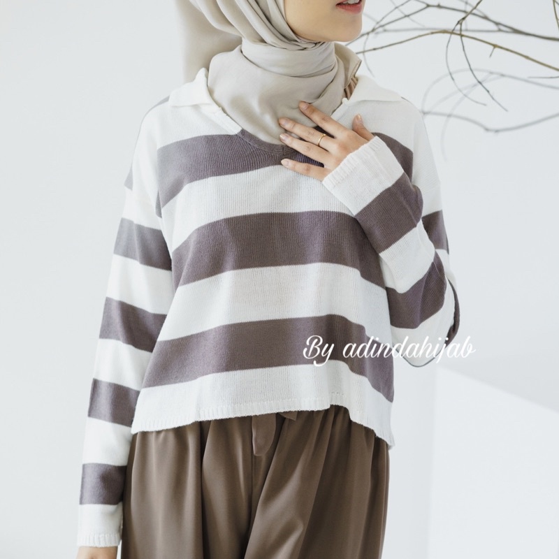 Blouse Crop Top Polo Sweater stripe byadinda rajut fuji Knit Korea