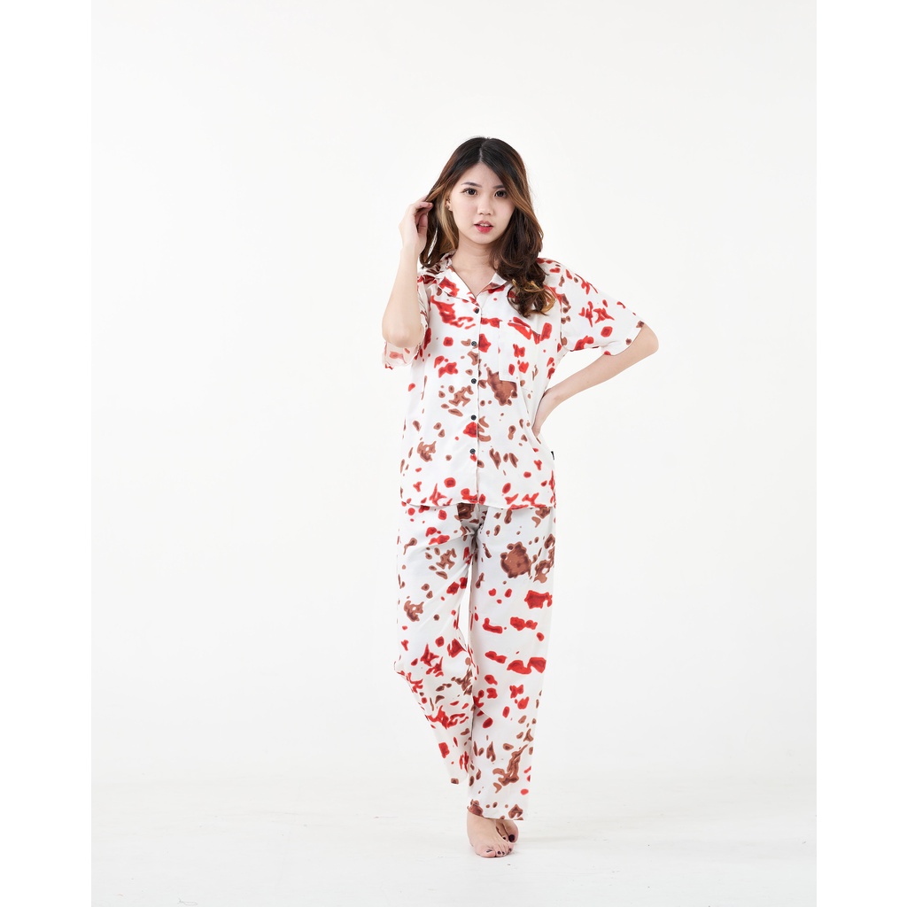 IZANY Piyama One Set Kemeja Pendek / Daily Set Kemeja Allsize Rayon Dischart-TIEDYE BROWN RED