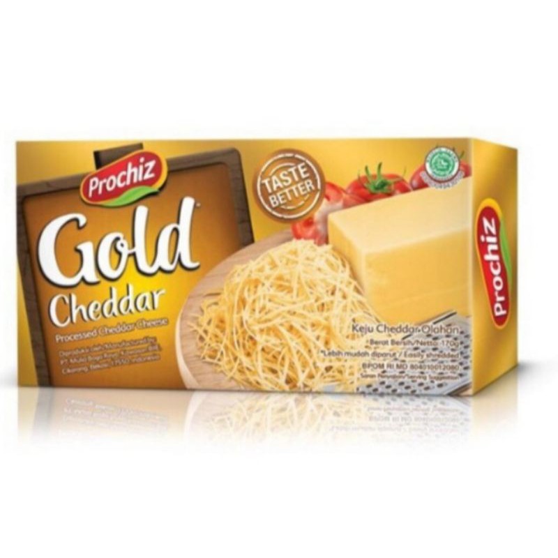 

Keju cheese qeju cheddar parut blok PROCHIZ GOLD MEG Serbaguna spready oles roti gurih berkualitas 170 gram