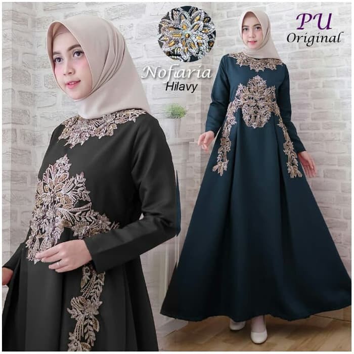 NISSA SABYAN  GAMIS PESTA NOFARIA BORDIR, GAMIS PESTA BRUKAT, GAMIS WANITA TERBARU - Hitam