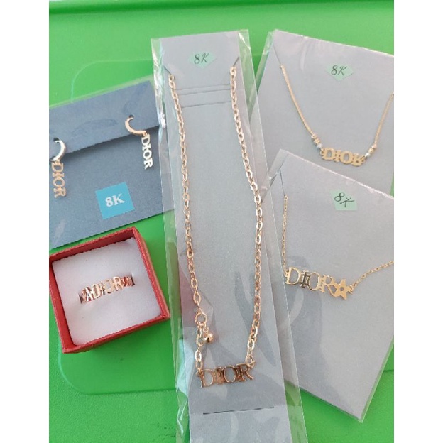 Kalung , gelang serut, anting klip, cincin tulisan Diorr HWT kadar 375 8K