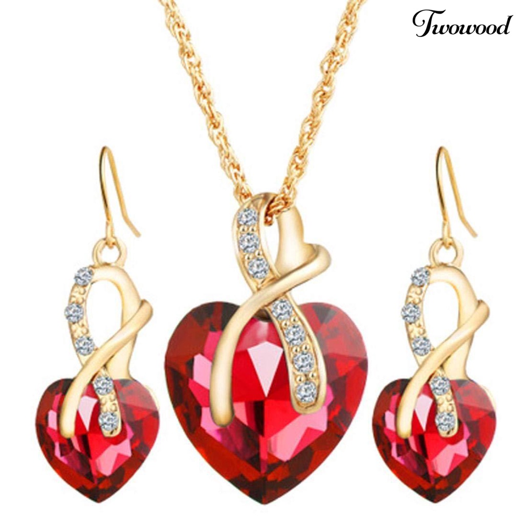 1 Set Kalung Anting Liontin Hati Kristal Tiruan Tahan Lama Untuk Perhiasan Pernikahan Wanita