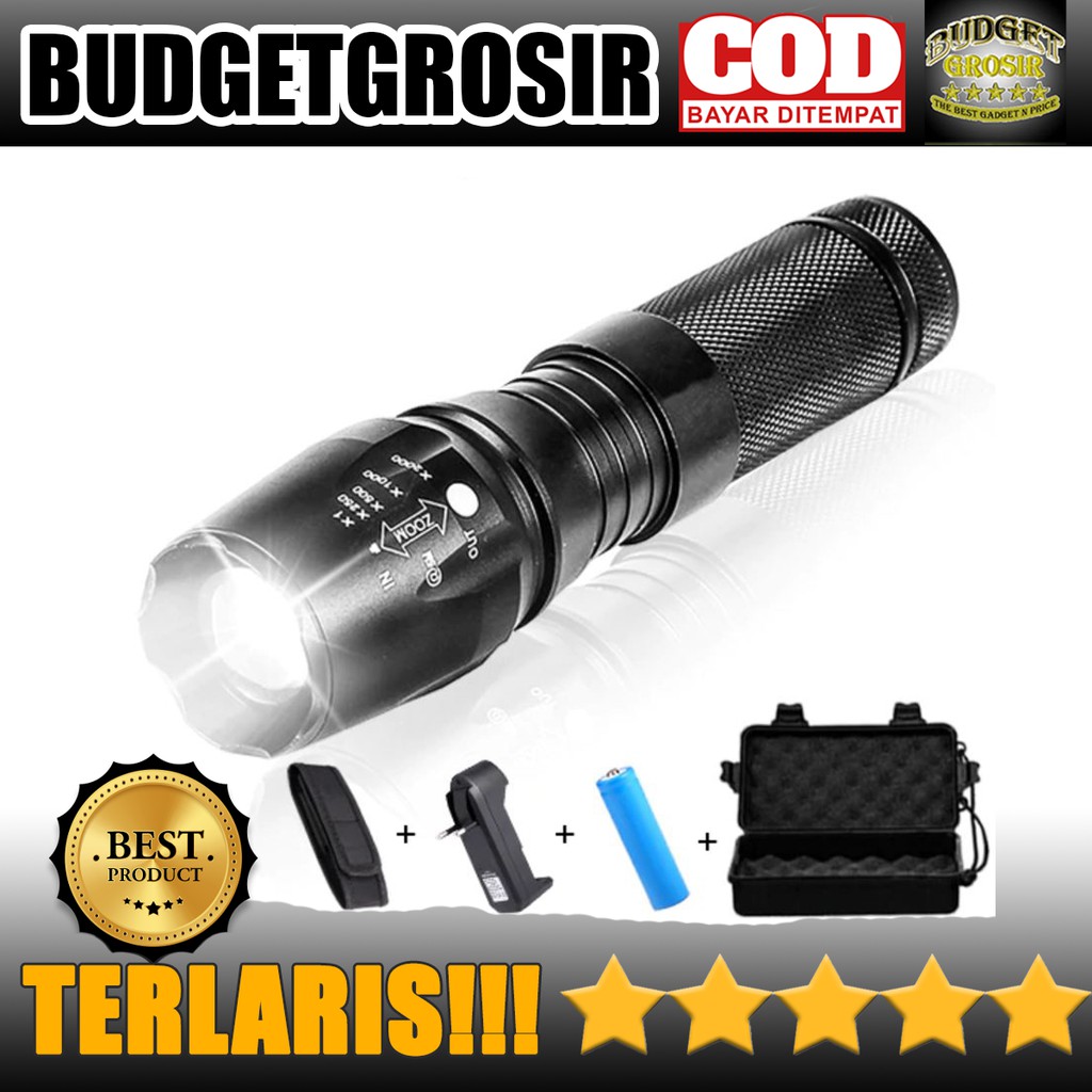 Senter Tactical LED Cree XML-T6 3000 Lumens + Baterai + Charger + Box - E97 TaffLED - Black