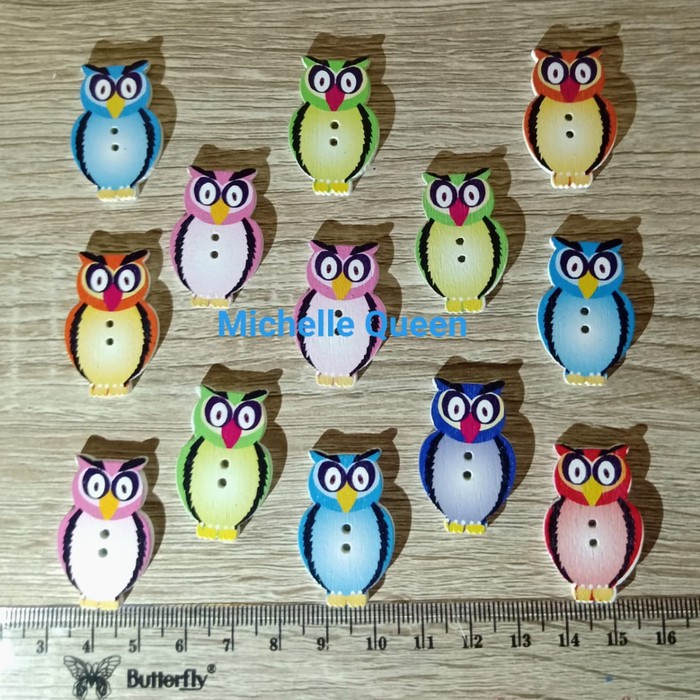 Kancing Kayu Prakarya Motif Burung Hantu Besar Big Owl Warna Warni Kode C