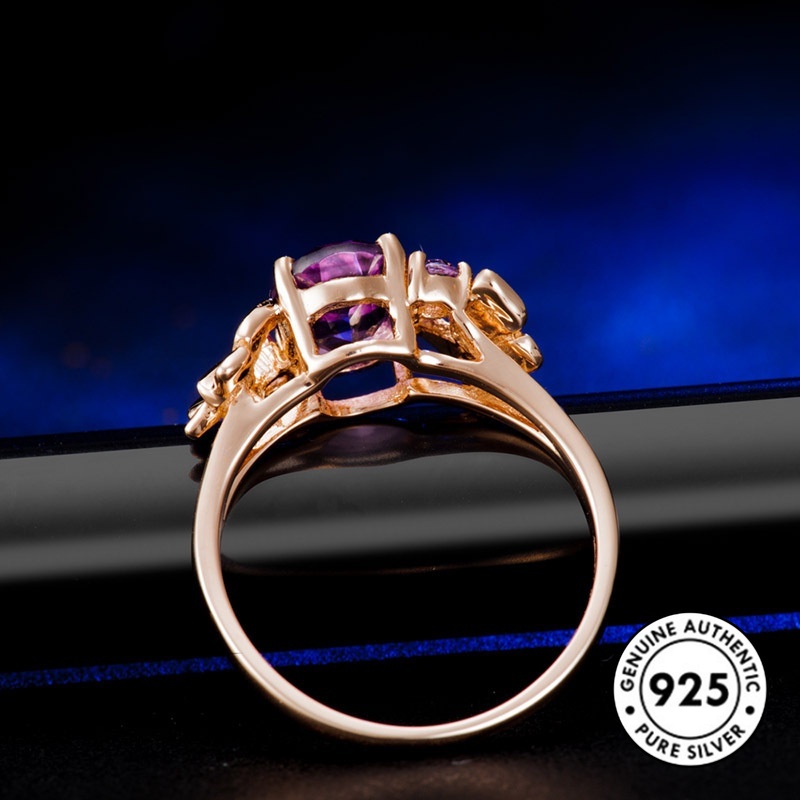 Cincin S925 Silver Rose Gold Aksen Batu Permata Ungu