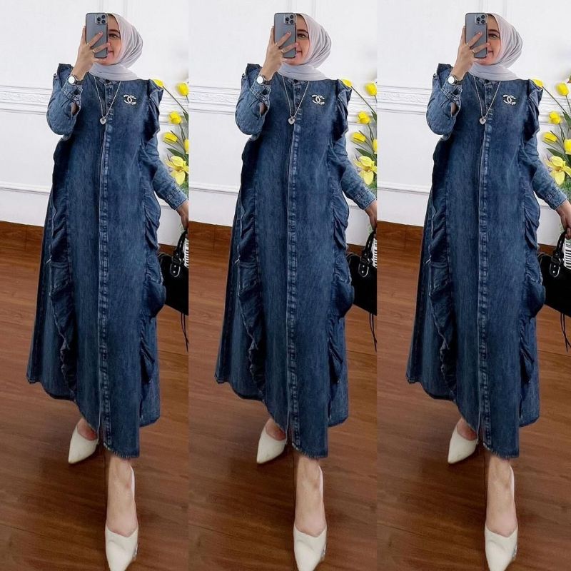 Midi dress midi  dress jeans ruffle ory Midi dress tunik wanita muslim syakila katun rayon busui