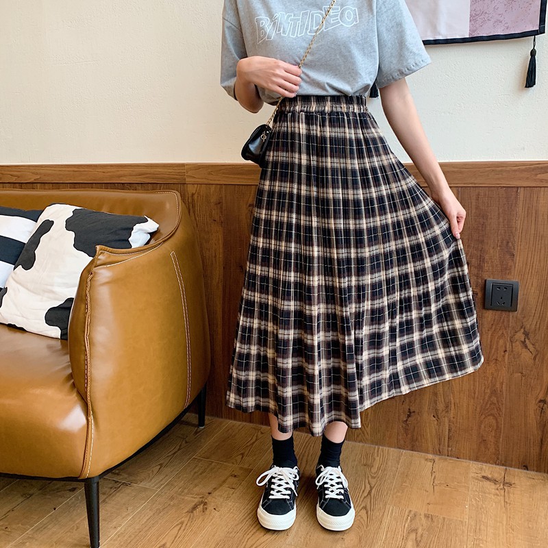2022 musim panas Versi Korea Retro kisi garis Pinggang tinggi longgar Rok serba cocok