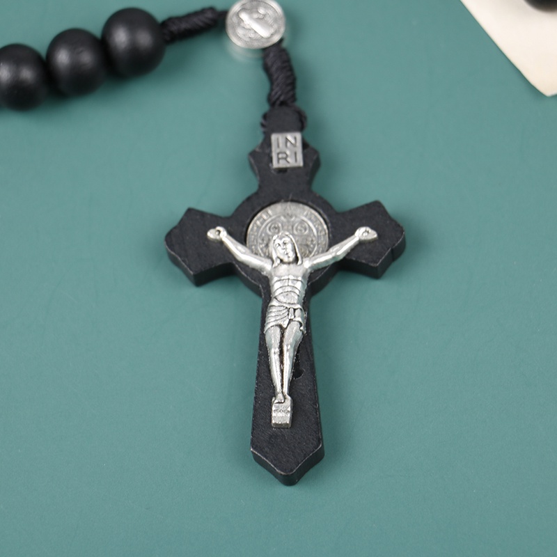 Hbid Kalung Doa Rosario Manik Kayu Hitam Pendant Salib Yesus Gaya Antik