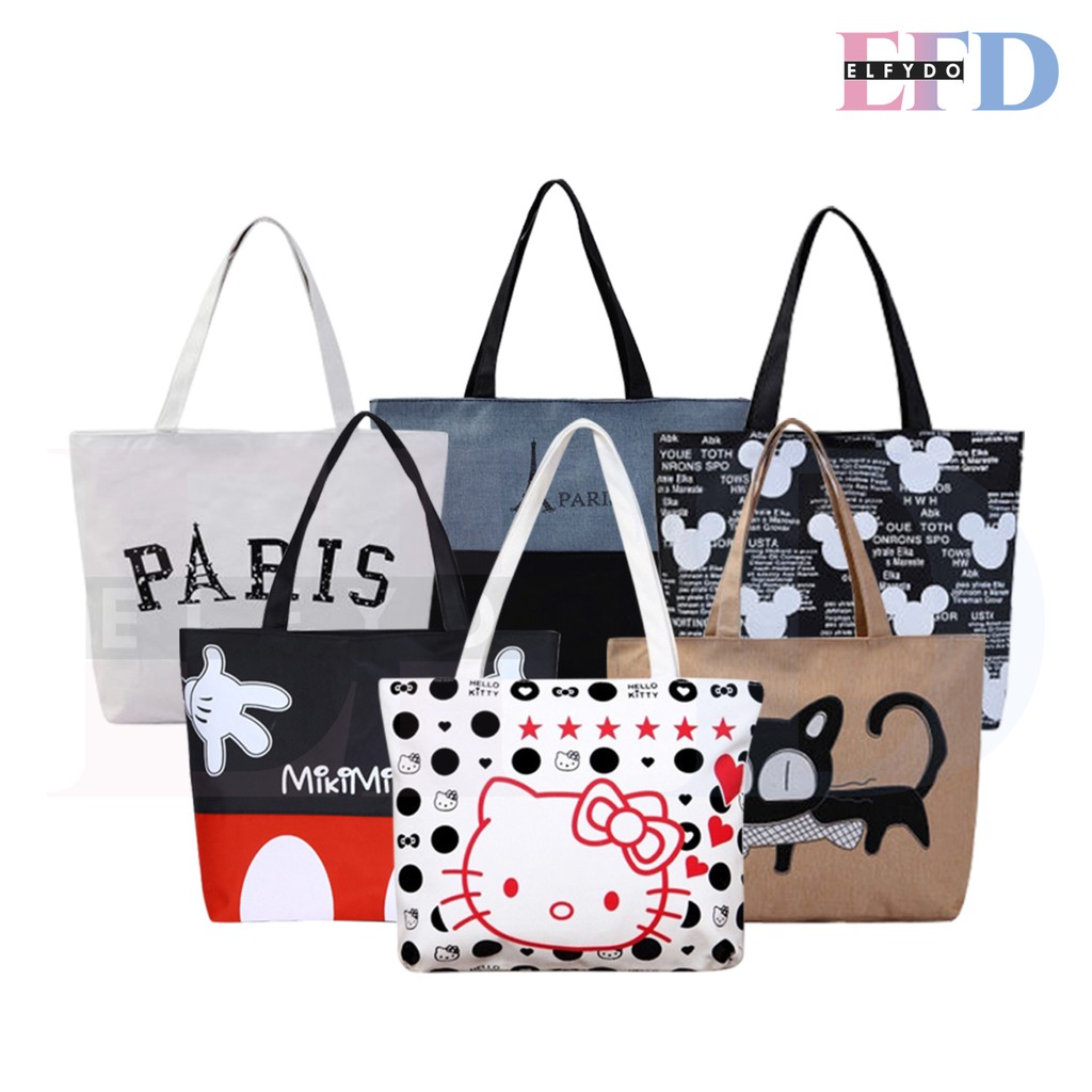 ELFYDO ELF1390 Totebag Wanita Tote Bag Resleting Kanvas Karakter