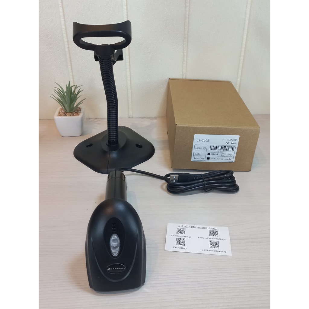 2D Barcode Scanner Bluetooth Wireless Sharkpos QS 2408 USB Bluetooth Plus Stand Scan Barcode Barang QR EFaktur Resi Pengiriman Expedisi Gudang