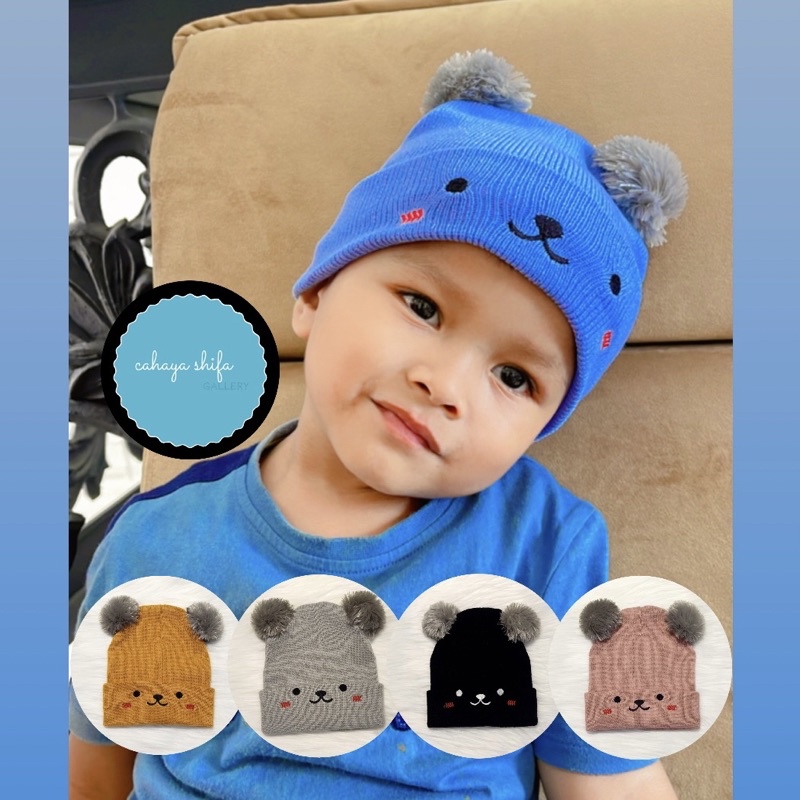 Kupluk bayi PUPPY rajut pompom topi anak rajut 0 sampai 3 tahun lucu