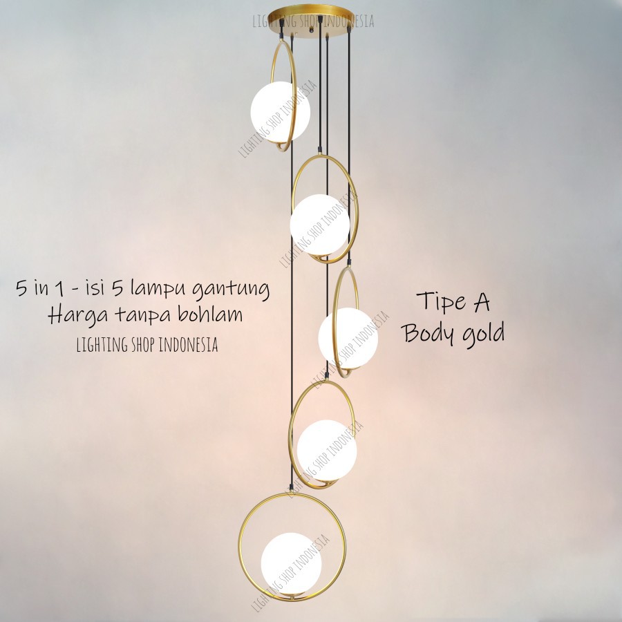 Lampu gantung void tangga 5in1 gold hitam kaca modern minimalis 5lampu