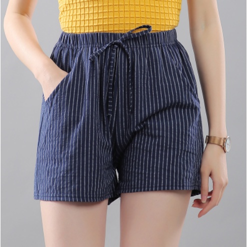 Celana pendek wanita import motif strip katun premium
