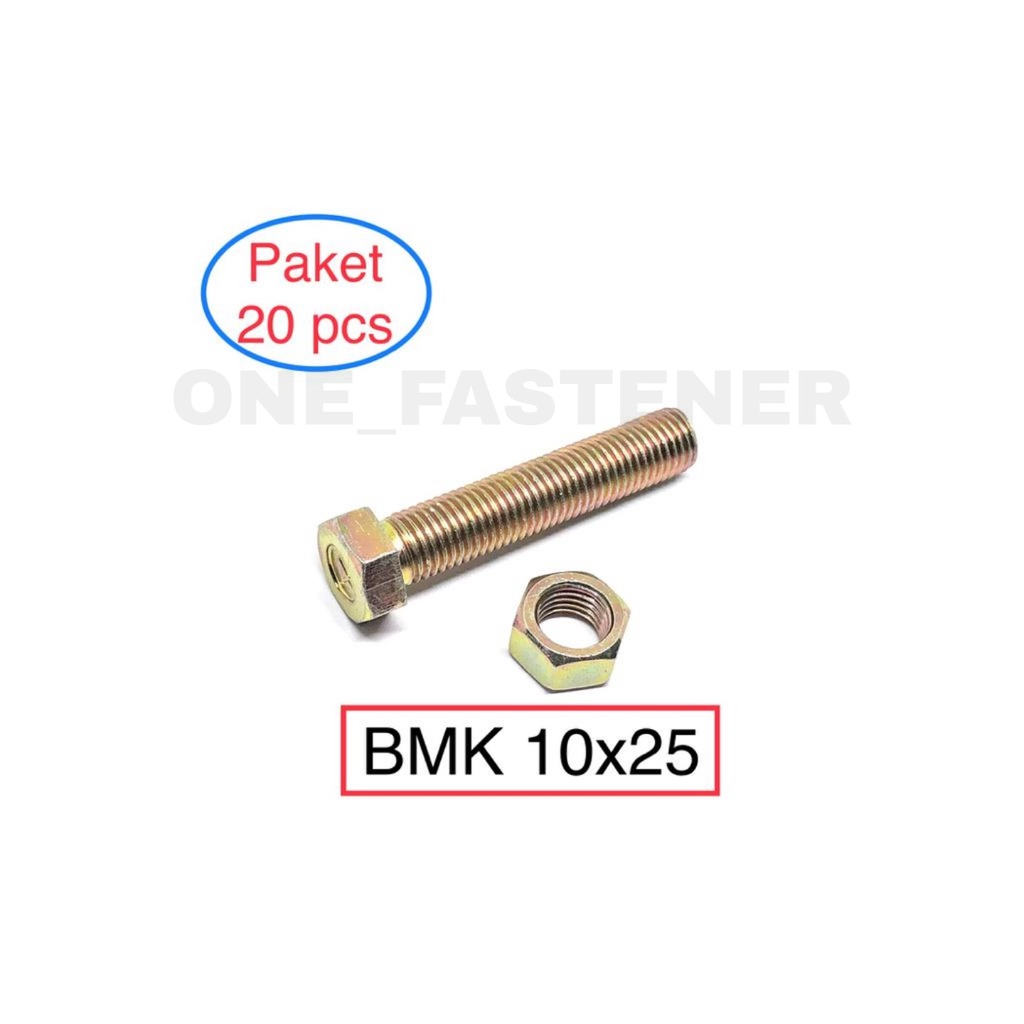 20 pcs Baut Mur M10x25 Kuning BMK 10mm Panjang 2.5cm Kunci 14 M10 10mili