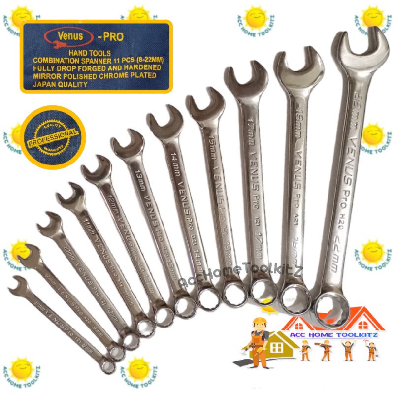 Kunci Ring Pas Set Venus PRO 11Pcs Ukuran Nomor 8 - 22 JAPAN QUALITY / Combination Spanner / Ukuran 8&quot; / 9&quot; / 10&quot; / 11&quot; /12&quot; / 13&quot; / 14&quot; / 15&quot; / 17&quot; / 19&quot; / 22&quot;