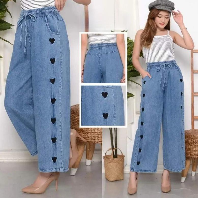 Lmj31au22ᴸ ‣ Celana panjang HW kulot jeans love Boyfriend Jeans Korea Jeans Celana Kulot Jeans love 