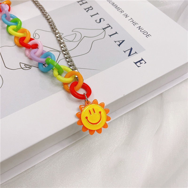 Korea Harajuku Style Sunflower Necklace Colorful Chain Stitching Necklace