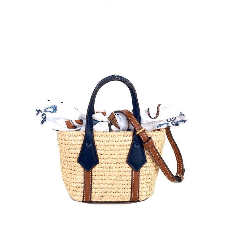Tory Burch Nano Perry Straw Tote tas original authentic asli blue navy biru