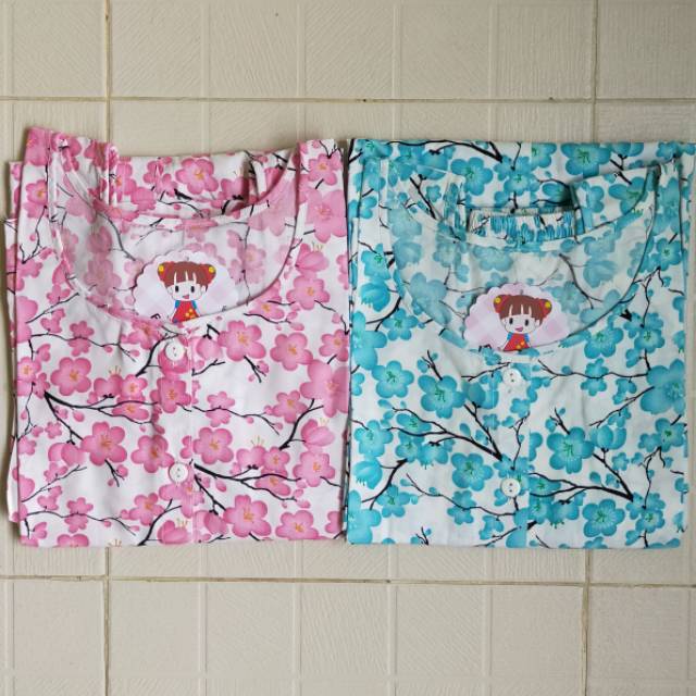Baju Tidur Tanpa Lengan Celana Pendek Katun Jepang  Motif Bunga Sakura