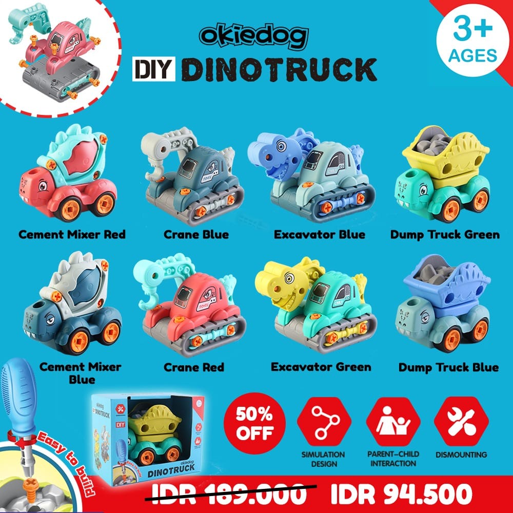 Okiedog DIY Dino Truck - Mainan Bongkar Pasang Anak Mobil Mobilan Anak Cowo Truk