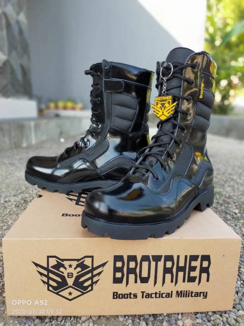 Sepatu Boots PDL Tni Polri Merk Brotrher Model LGR Kulit Kilap &amp; Kordura Anti Air Pakai Resleting