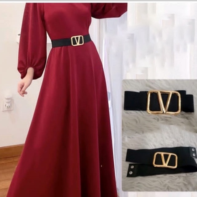 HOPYLOVY Ikat Pinggang Wanita Karet Elastis Klip Belt Kepala Emas V Aretha Valentinos