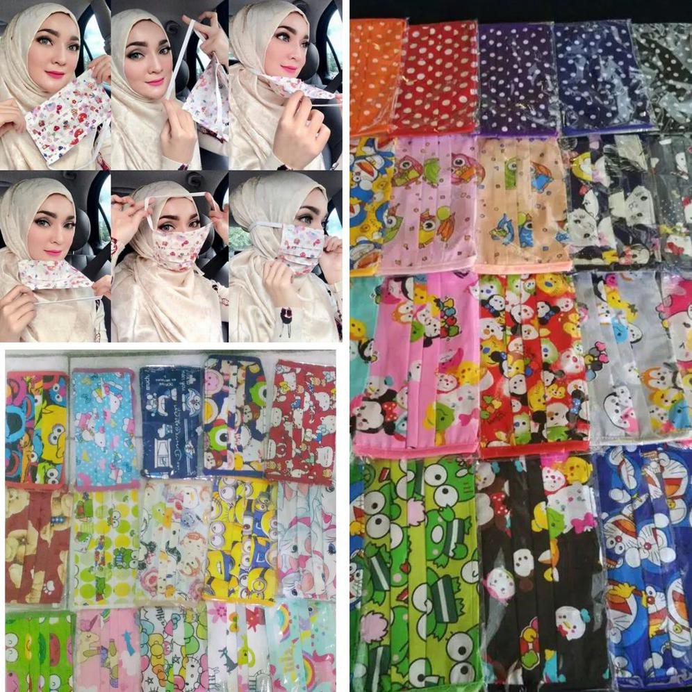 (1KG=130PCS) MOTIF KARTUN MASKER KAIN TANPA JILBAB HIJAB KHIMAR BERGO KERUDUNG SEGIEMPAT INSTANT