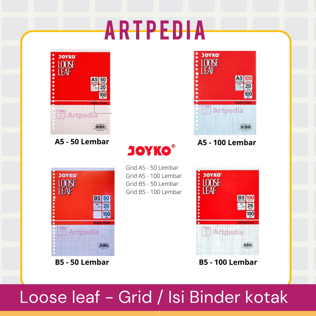

Joyko Loose Leaf Grid A5 - B5 100Gsm 50 Sheet - 100 Sheet / Kotak Grid