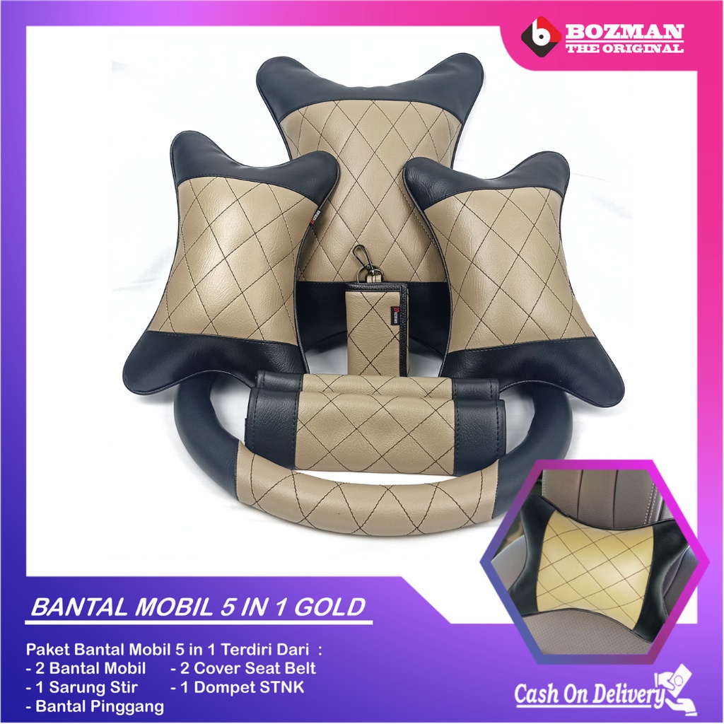 Set Bantal Mobil 5 in 1 Premium Bantal Leher Bantal Pinggang Cover Stir Seatbelt Free Dompet STNK